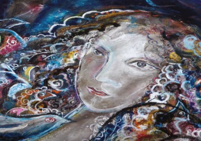 k&uuml;nstlerisches, gemaltes Portrait einer Frau mit dichten Locken